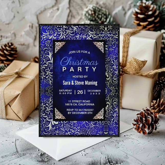 Elegant royal blue floral faux silver Christmas  Invitation (Creator Uploaded)