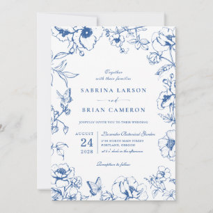 Elegant Royal Blue Floral Garden Wedding Photo Invitation