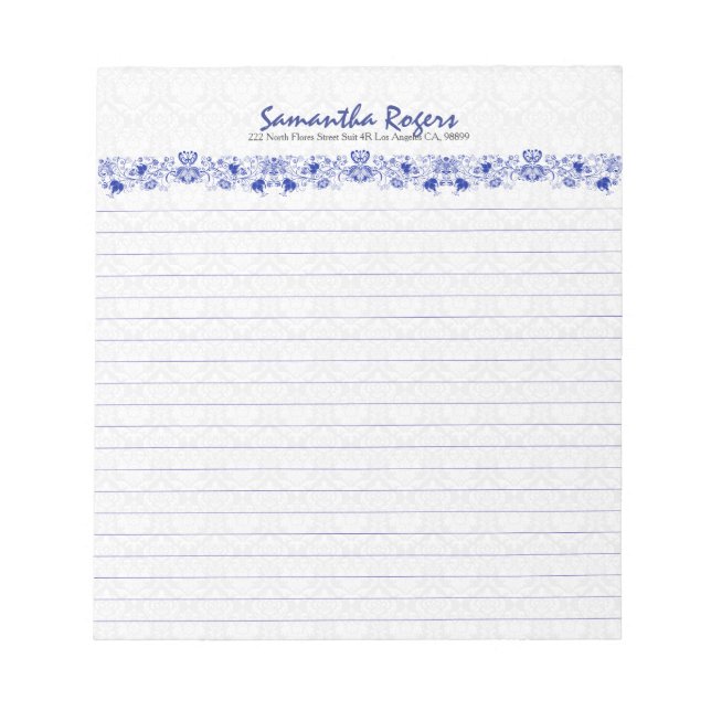 Elegant Royal Blue Floral Lace And White Damasks 2 Notepad (Front)