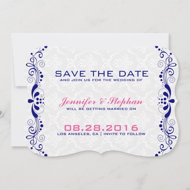 Elegant Royal-Blue Floral Lace White Damasks Save The Date (Front)