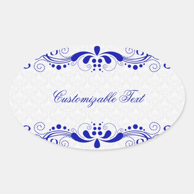 Elegant Royal Blue Floral Lave & White Damasks Oval Sticker (Front)