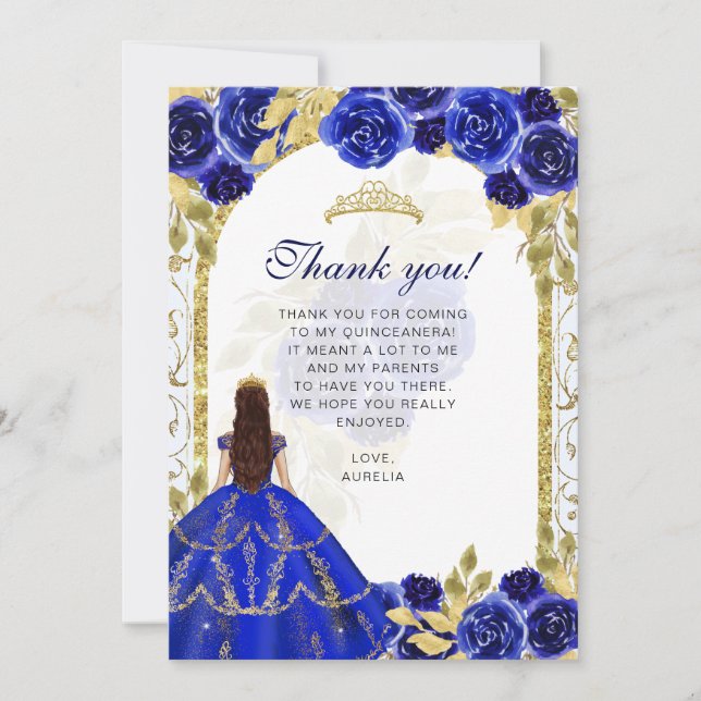 Elegant Royal Blue Floral Photo Quinceañera Thank You Card (Front)