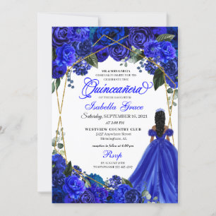 Elegant Royal Blue Floral Quinceanera Birthday  In Invitation