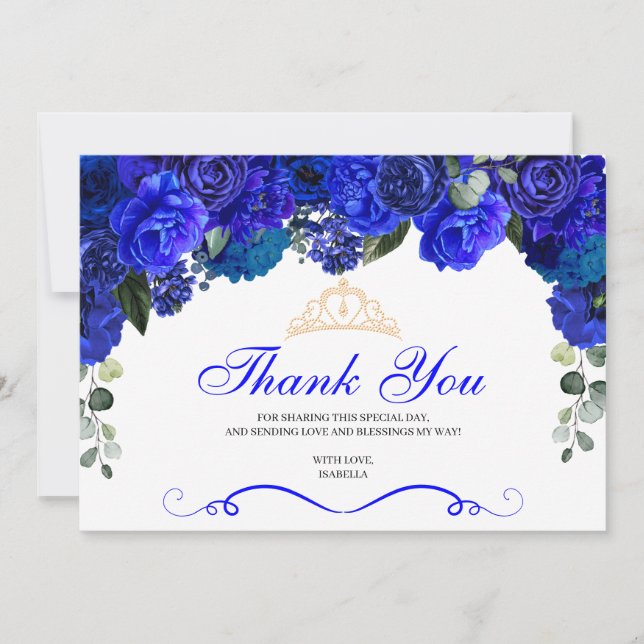 Elégant Royal Blue Floral Quinceanera Merci (Devant)