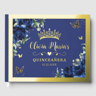 Elegant Royal Blue Floral Quinceanera Sweet 16   Guest Book