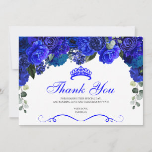 Elegant Royal Blue Floral Quinceanera Thank You Card