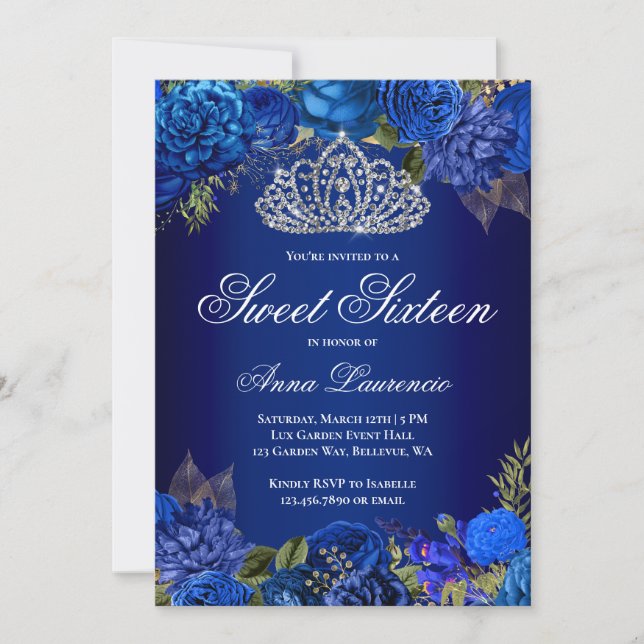 Elegant Royal Blue Floral Sweet Sixteen Birthday Invitation (Front)