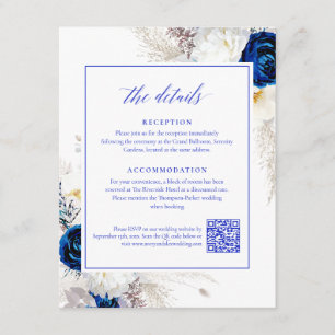 Elegant Royal Blue Flowers Details RSVP QR Code Enclosure Card
