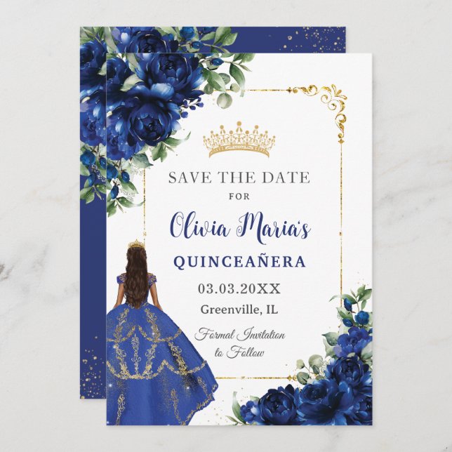 Elegant Royal Blue Flowers Princess Quinceañera  Save The Date (Front/Back)