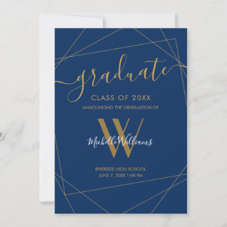 Elegant Royal Blue Geometric Monogram Graduation Announcement