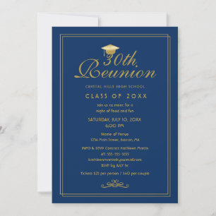 Elegant Royal Blue Gold 30th Class Reunion Invitation