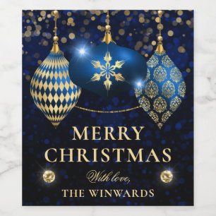Elegant Royal Blue & Gold Baubles Merry Christmas Wine Label