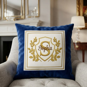 Elegant Royal Blue & Gold Crest Monogram Name Throw Pillow