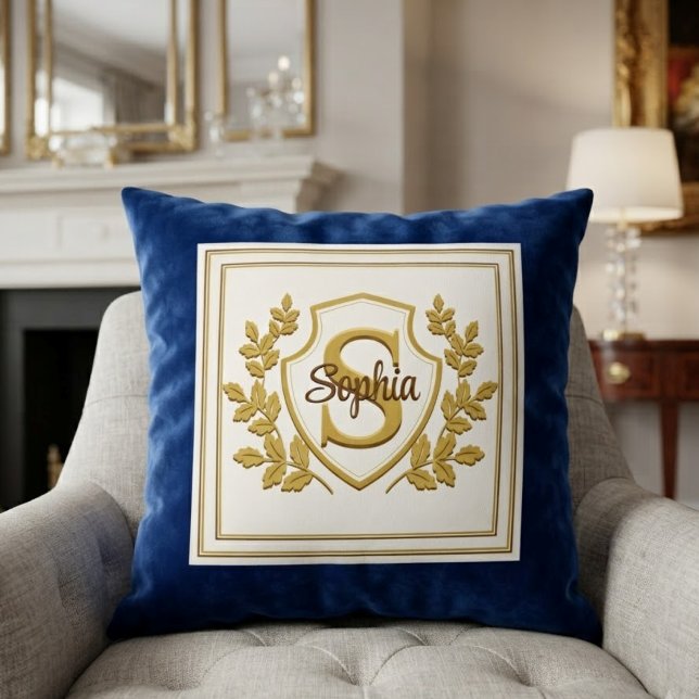 Elegant Royal Blue & Gold Crest Monogram Name Throw Pillow (Creator Uploaded)