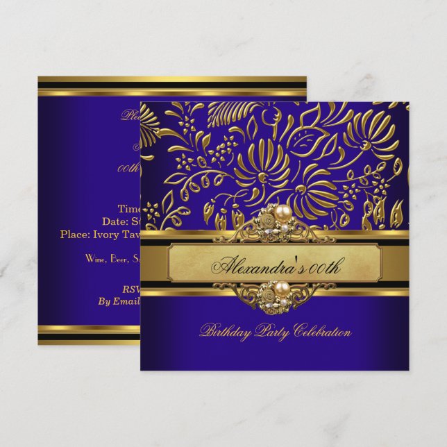 Elegant Royal Blue Gold Damask Pearl Party Invitation (Front/Back)