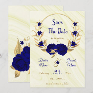 elegant royal blue gold floral wreath save the date