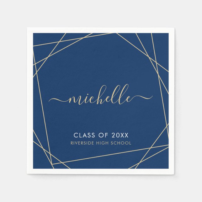 Elegant Royal Blue Gold Graduation Party Name Napkin (Front)