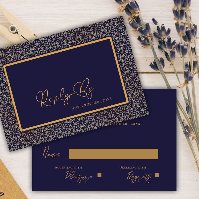 Elegant Royal Blue Gold Intricate Design Wedding RSVP Card (Elegant Royal Blue Gold Intricate Design Wedding RSVP Card)