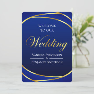 Elegant Royal Blue Gold Lace QR Code Wedding Invitation