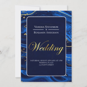 Elegant Royal Blue Gold Lace QR Code Wedding  Invitation