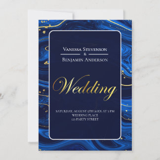 Elegant Royal Blue Gold Lace QR Code Wedding  Invitation
