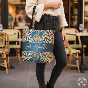 Elegant Royal Blue & Gold Ornate Jewel Damask Name Tote Bag