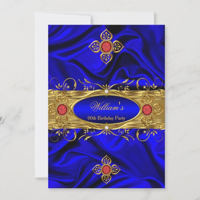 Elegant Royal Blue Gold Red Gems Silk Birthday Invitation (Front)