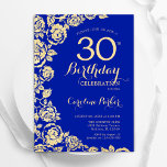 Elegant Royal Blue Gold Roses 30th Birthday Invitation<br><div class="desc">Royal Blue Gold Floral 30th Birthday Party Invitation. Elegant design featuring roses,  faux gold foil and typography script font. Trendy invite card perfect for a stylish female bday celebration. Can be customized to any age. Printed Zazzle invitations or instant download digital printable template.</div>