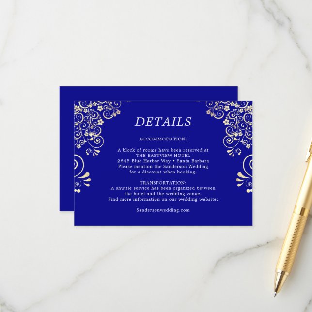 Elegant Royal Blue Gold Wedding Details  Enclosure Card (Front/Back In Situ)