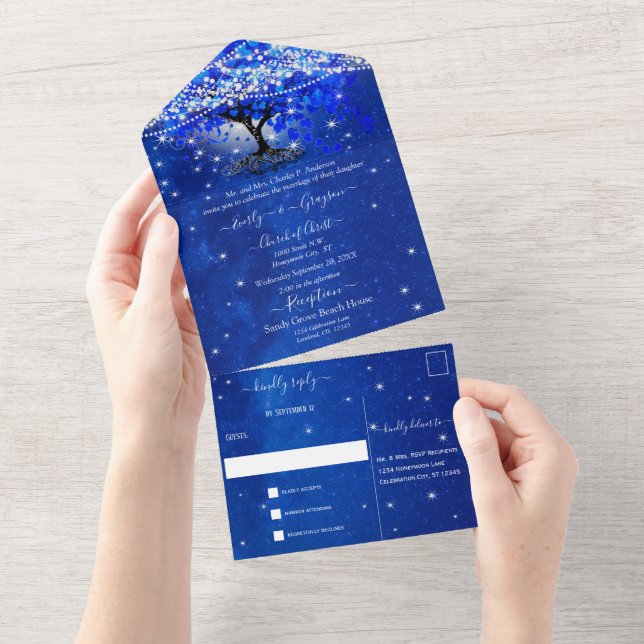 Elegant Royal Blue Heart Leaf Tree Wedding All In  All In One Invitation (Tearaway)