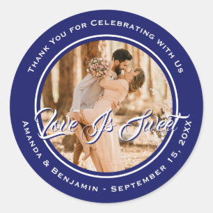 Elegant Royal Blue Love Is Sweet Wedding Photo Classic Round Sticker