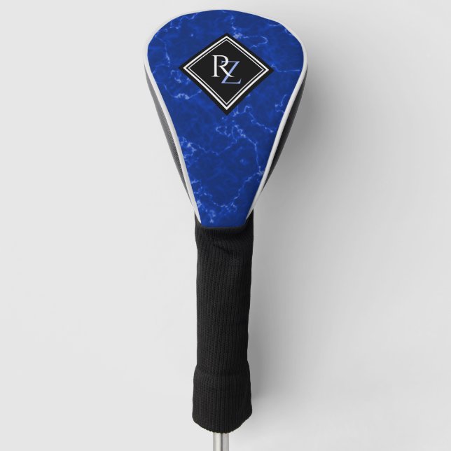 Elegant Royal Blue Marble Black Diamond Monogram Golf Head Cover (Front)