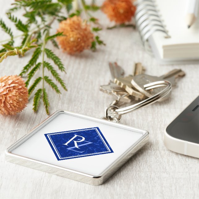 Elegant Royal Blue Marble Diamond Monogram Keychain (Side)