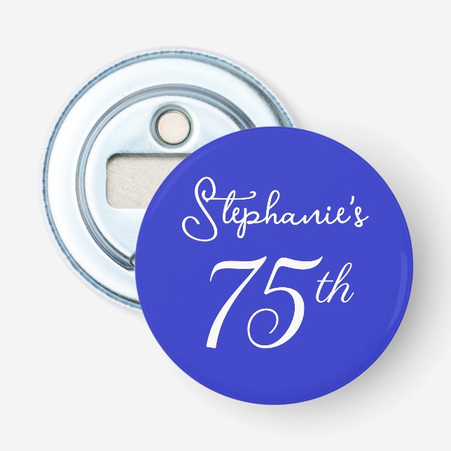 Elegant Royal Blue Monogram 75th Birthday Party Bottle Opener (Front)