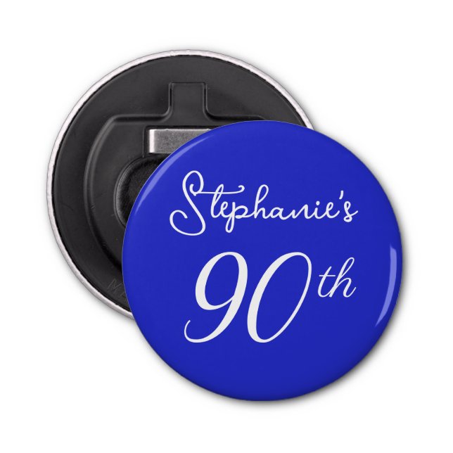 Elegant Royal Blue Monogram 90th Birthday Party Bottle Opener (Front)