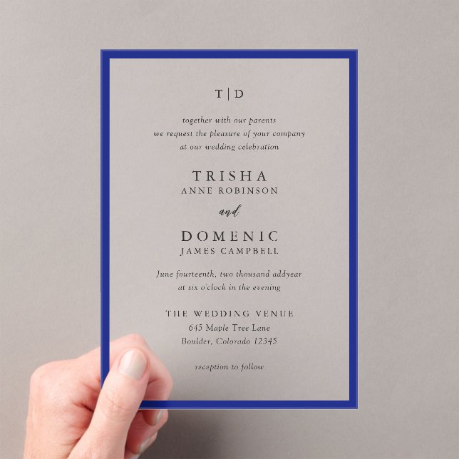 Elegant Royal Blue Monogram Modern Wedding Acrylic Invitations (Insitu (Handheld))