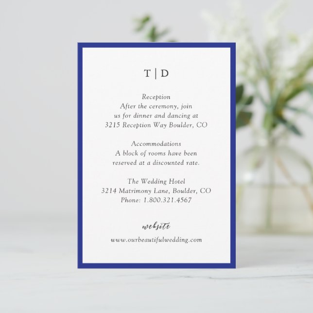 Elegant Royal Blue Monogram Modern Wedding Enclosure Card (Standing Front)