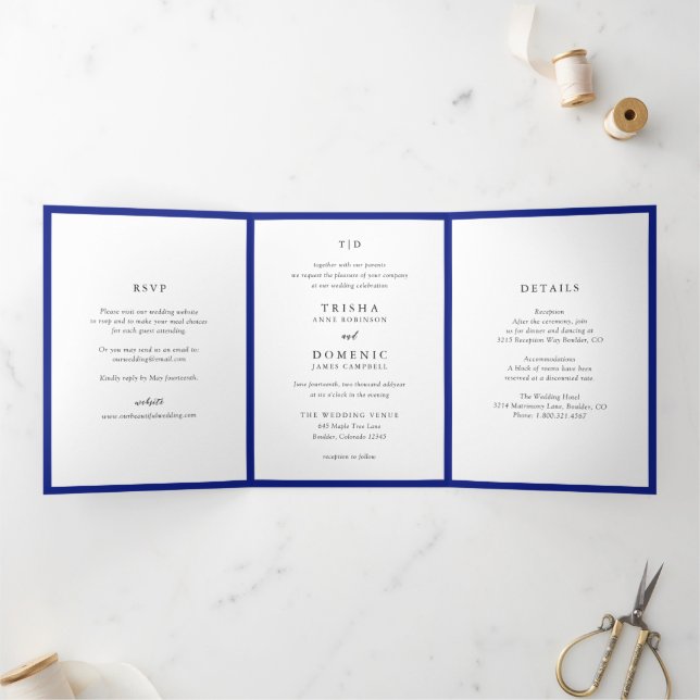 Elegant Royal Blue Monogram Modern Wedding Tri-Fold Invitation (Inside)