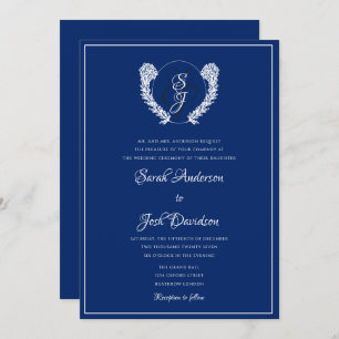 Elegant Royal Blue Monogram Wedding Invitation