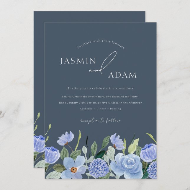 Elegant Royal Blue Opulence Wildflowers Wedding Invitation (Front/Back)
