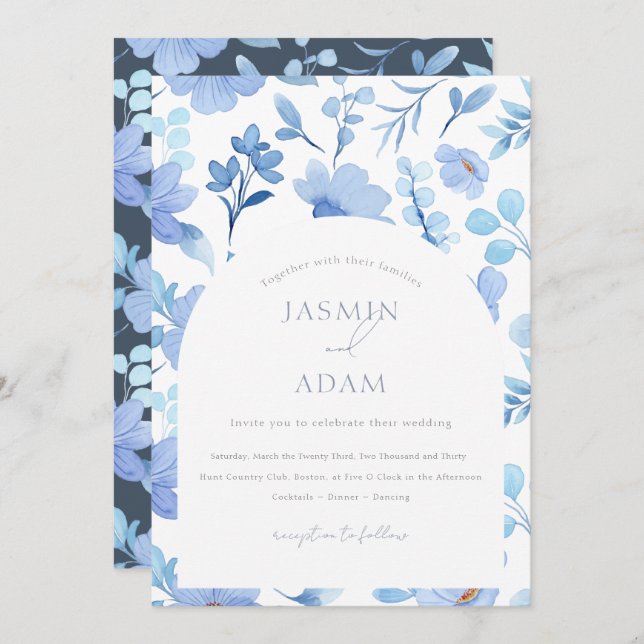 Elegant Royal Blue Opulence Wildflowers Wedding  Invitation (Front/Back)