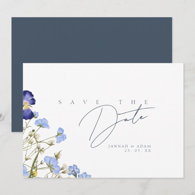 Elegant Royal Blue Opulence Wildflowers Wedding Save The Date (Front/Back)