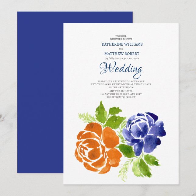 Elegant Royal Blue Orange Floral Summer Wedding Invitation (Front/Back)
