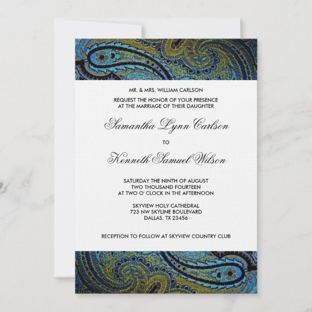 Elegant Royal Blue Peacock Paisley Wedding Invitation (Front)