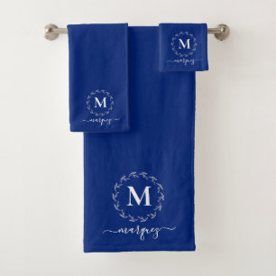 Elegant Royal Blue Personalized Wreath Monogram Bath Towel Set