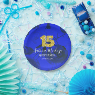 Elegant Royal Blue Quinceanera Gold Glitter 15 Paper Plate