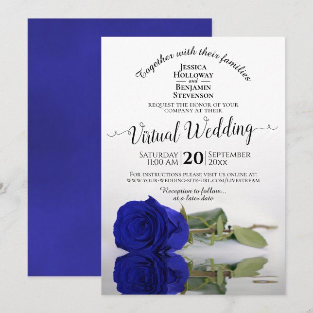 Elegant Royal Blue Reflecting Rose Virtual Wedding Invitation (Front/Back)