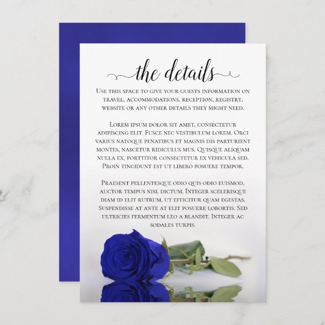 Elegant Royal Blue Reflecting Rose Wedding Details Enclosure Card (Front/Back)