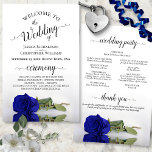 Elegant Royal Blue Rose Budget Wedding Program<br><div class="desc">These wedding programs are elegant and tasteful, while still being budget friendly. The design features a single long-stemmed royal blue or cobalt coloured rose lying on its side, reflecting in a pool of water with waves and ripples. The typography features lacy black script calligraphy, and there is room for details...</div>