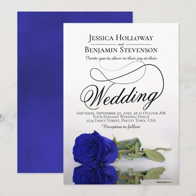 Elegant Royal Blue Rose Classy Script Wedding Invitation (Front/Back)